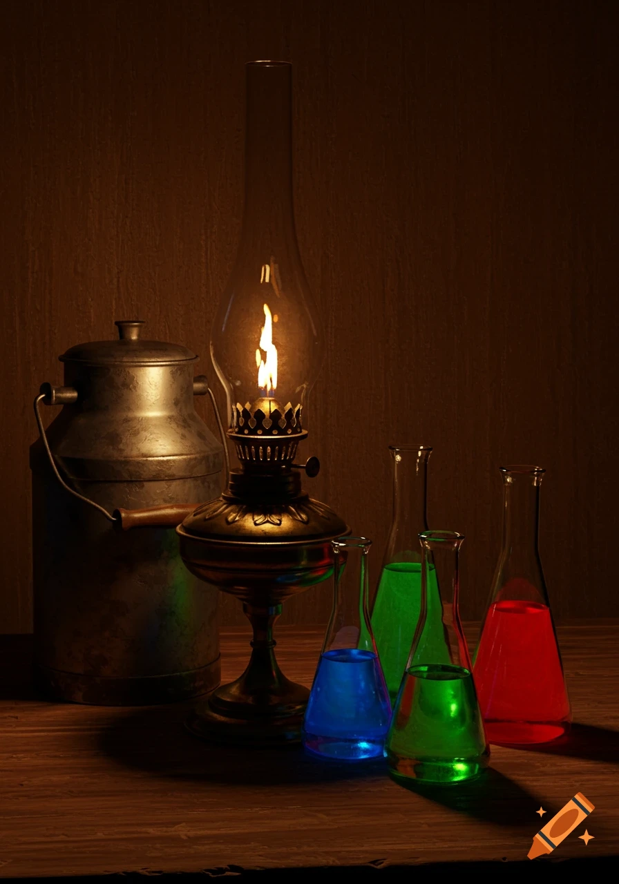 A still life with an antique oil lamp, a metal milk can, and three colorful glowing flasks on a wooden table.