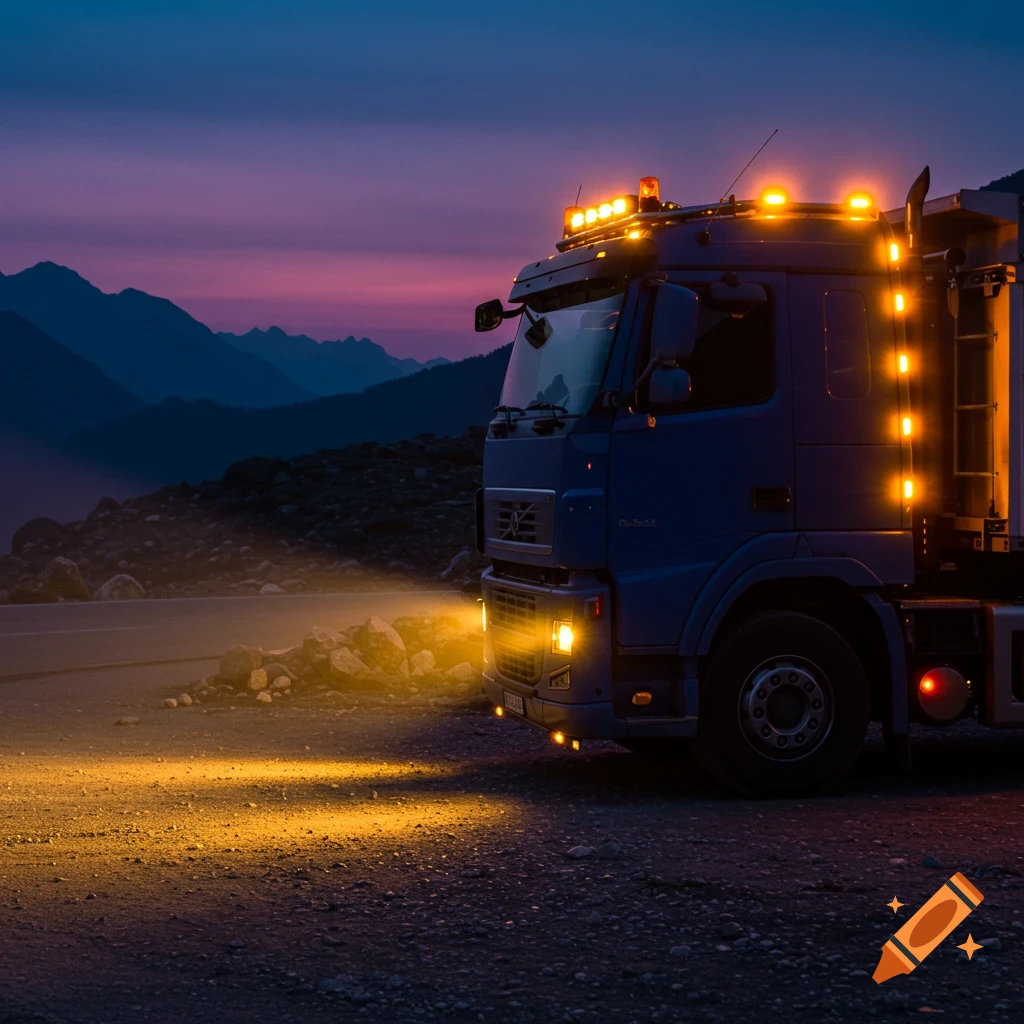 A blue semi-truck with its lights on, parked on a dirt road at dusk with purple mountains in the background.
