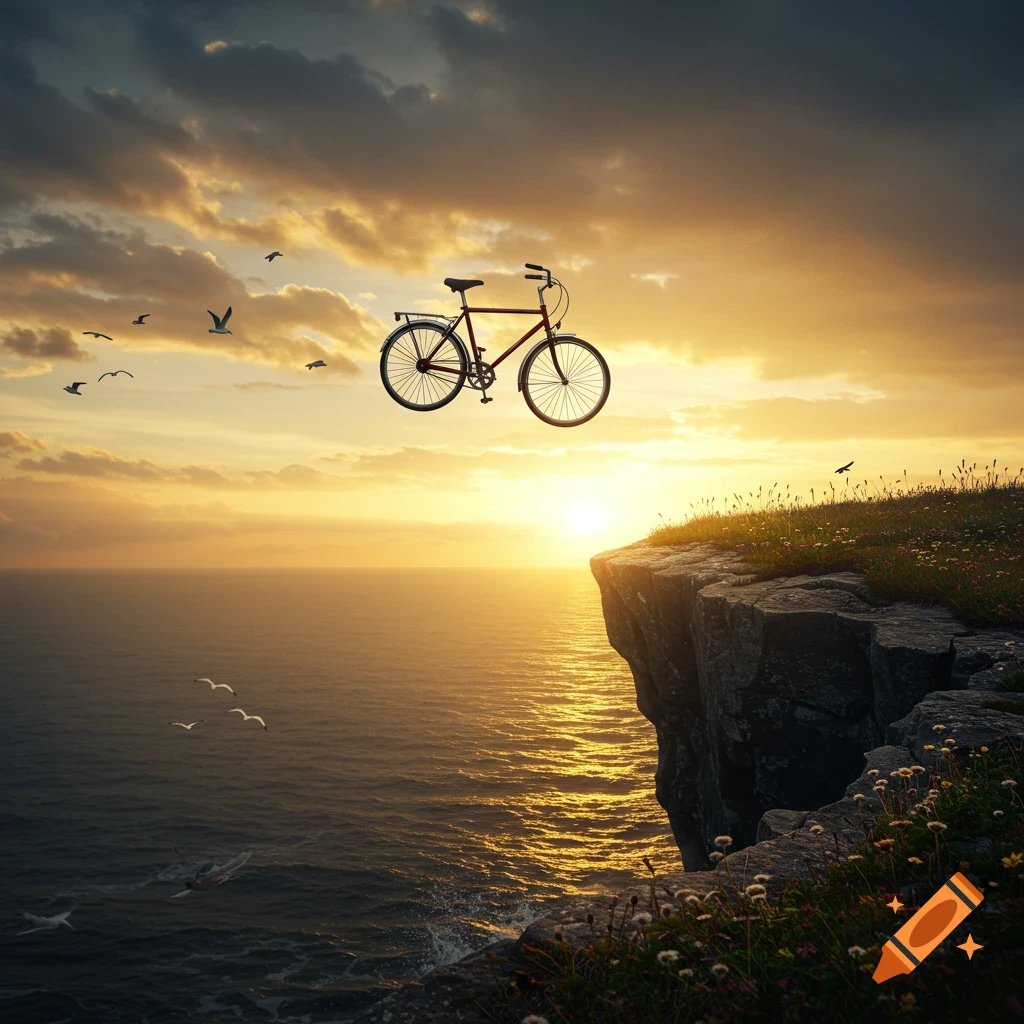 A red bicycle hovers above a dramatic ocean cliff at sunset, with birds flying in the sky.