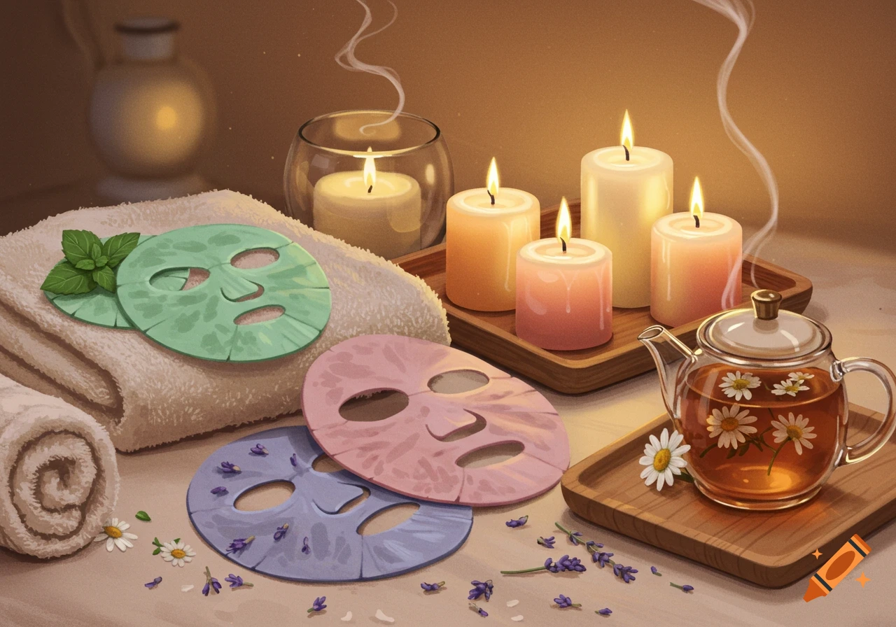 A serene still life with face masks, lit candles, rolled towels, and a teapot with chamomile tea on a wooden tray.