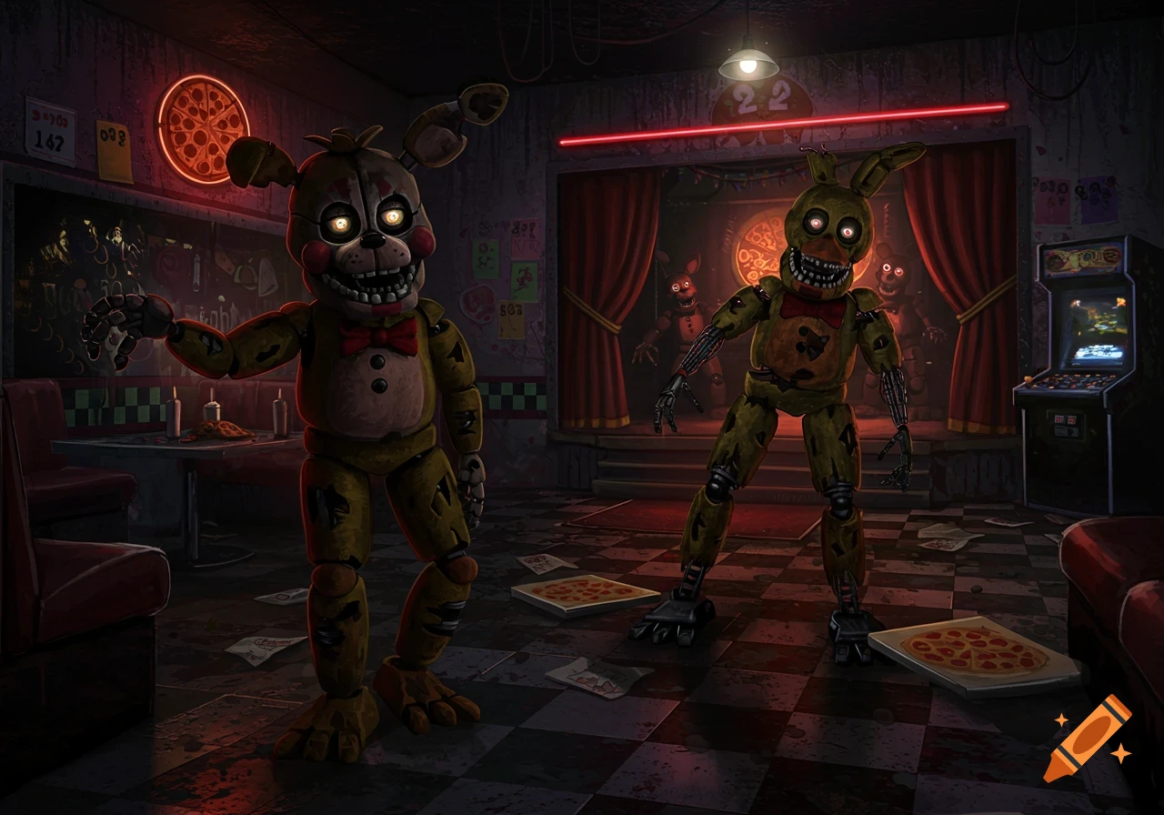 Creepy animatronic rabbits with glowing eyes in a dark, abandoned pizza restaurant, with other animatronics visible.