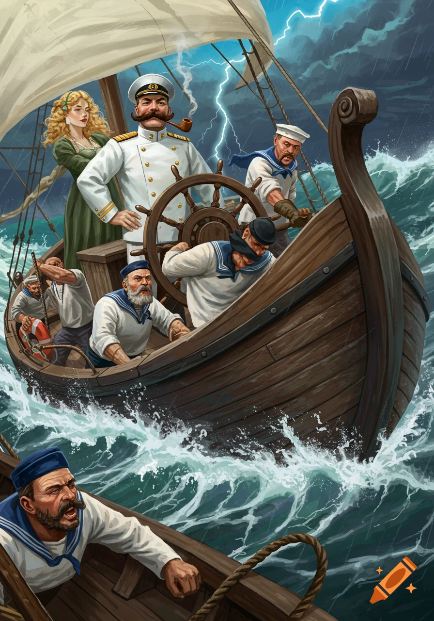 Illustrative depiction of a captain, sailors, and a woman on a wooden boat navigating a stormy sea with lightning.