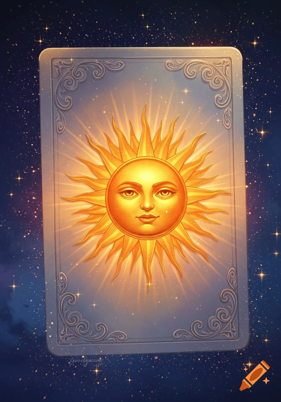 Stylized tarot card featuring a golden sun with a serene face, radiating light against a dark, starry blue background. Ornate border.