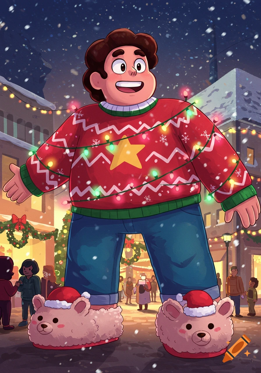Steven Universe, wearing a large Christmas sweater and bear slippers, stands in a snowy, festive street lit with holiday decorations.