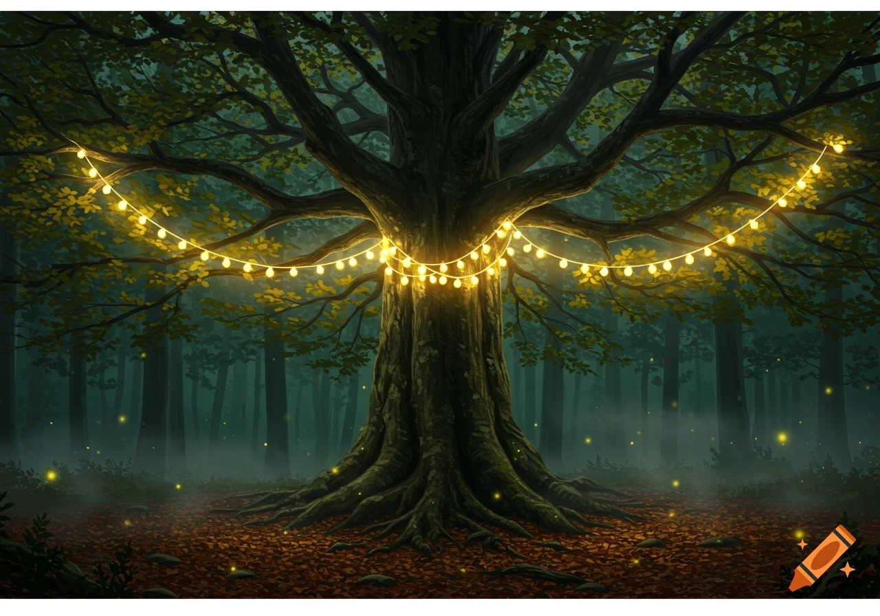A large, ancient tree with extensive roots in a magical forest, illuminated by glowing string lights and fireflies at dusk.