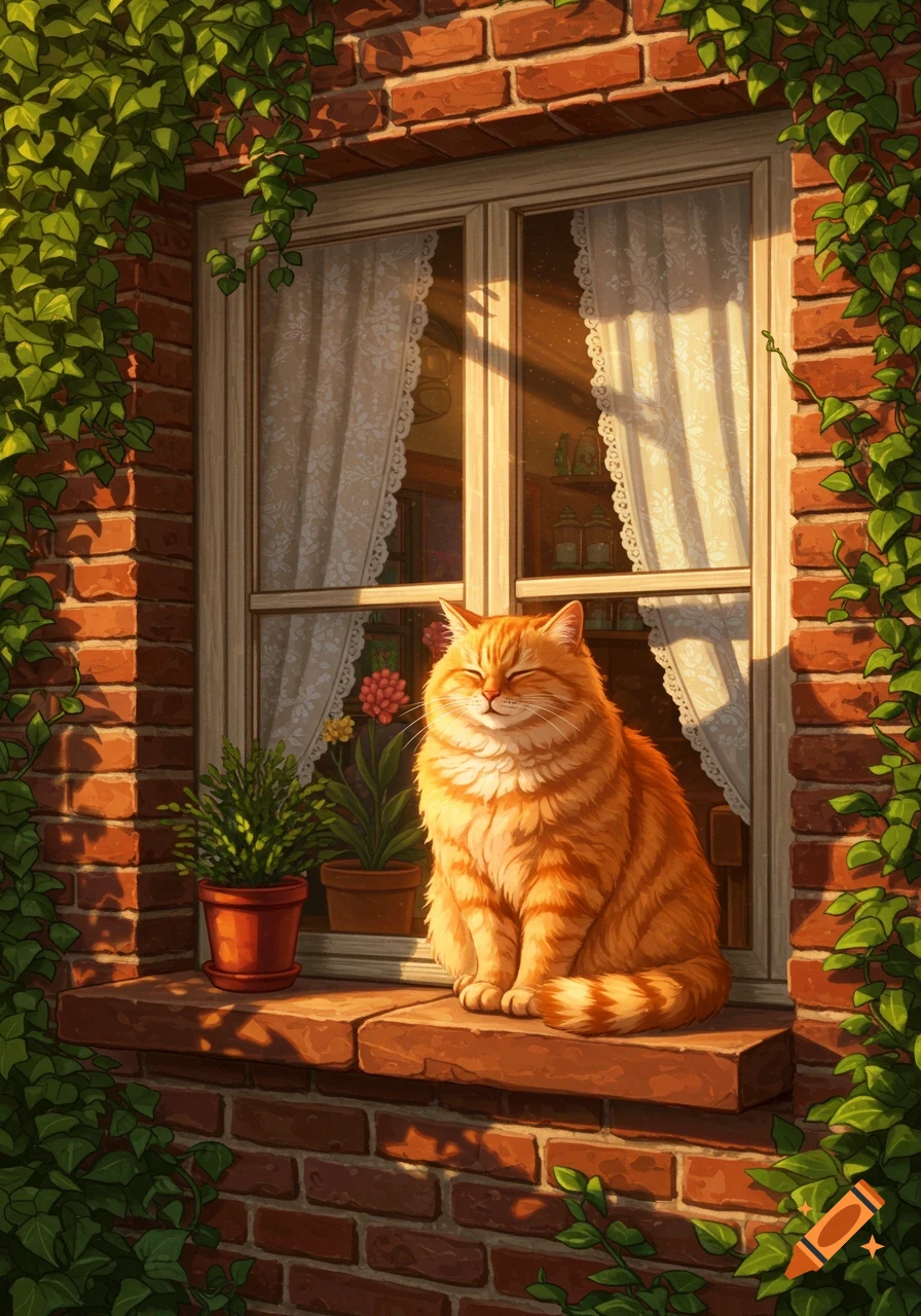 A fluffy orange cat with closed eyes sits on a sunlit brick windowsill ...