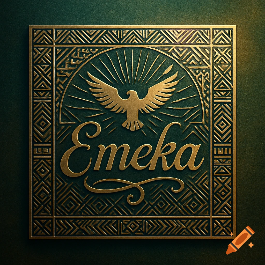 Gold and deep green art deco style logo featuring a majestic eagle with spread wings above the name Emeka.