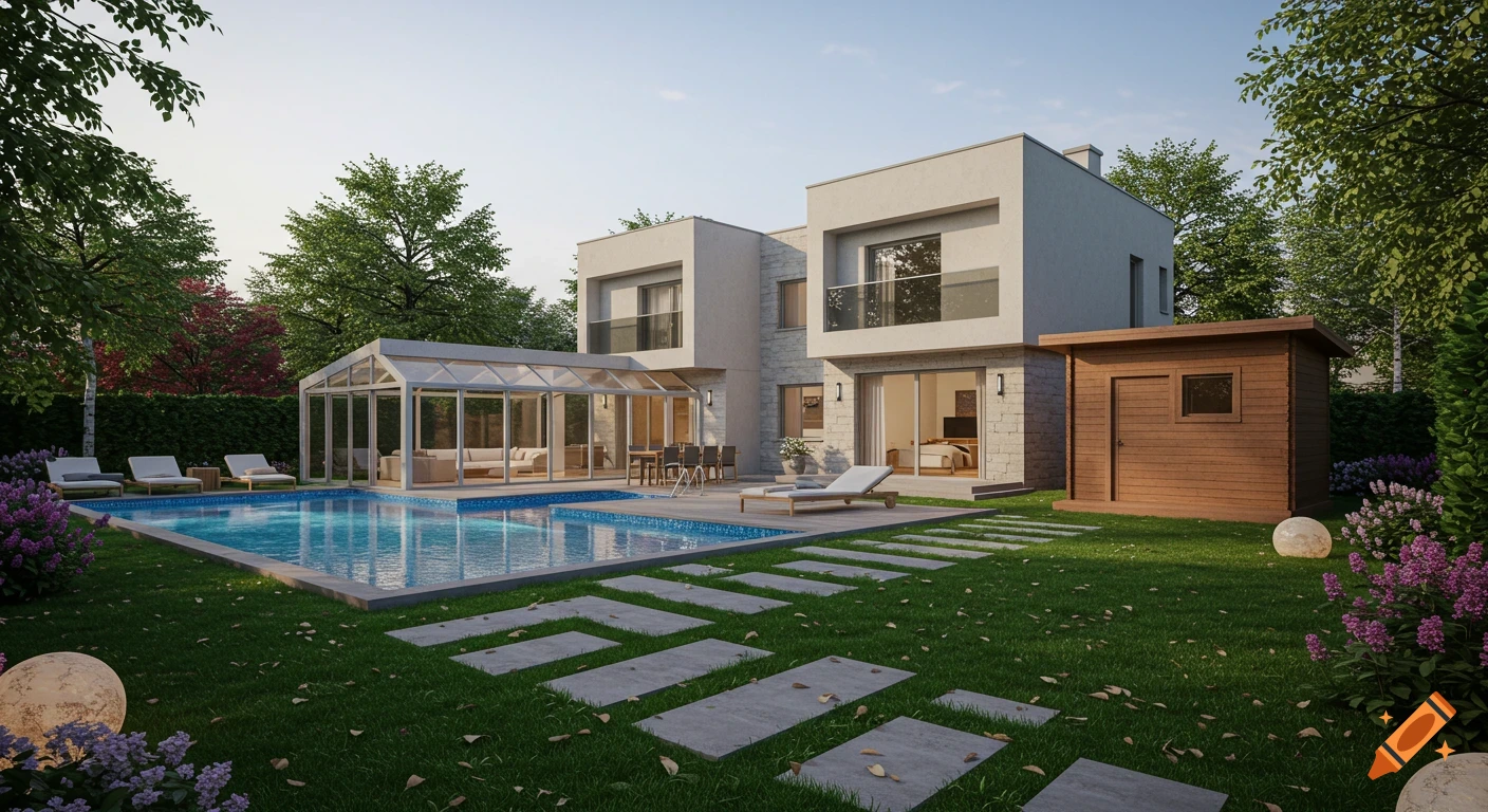 A photorealistic render of a modern luxury villa with a swimming pool, glass conservatory, wooden shed, and stepping stone path in a green garden.