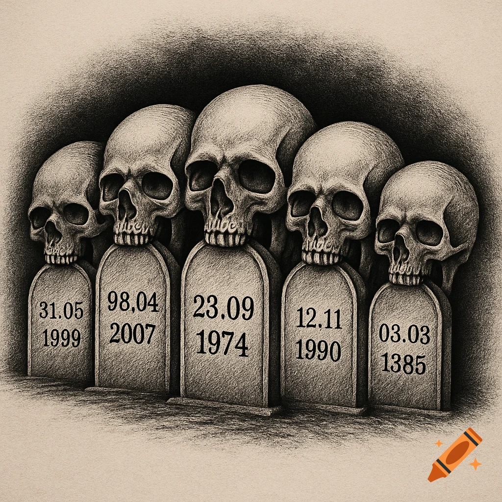 Five human skulls biting into gravestones with dates, drawn in a dark, old-school tattoo sketch style.