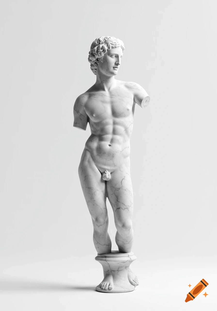 A full-body marble statue of a male figure with a detailed head and torso, standing on a pedestal against a white background.