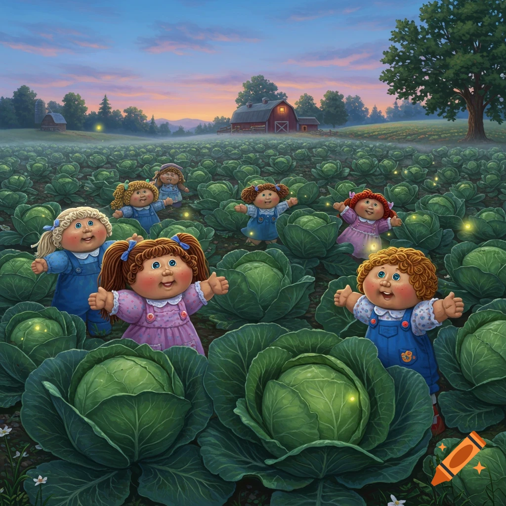 Several Cabbage Patch Kids dolls stand among a vast field of cabbages with glowing lights at dusk, a farm in the background.