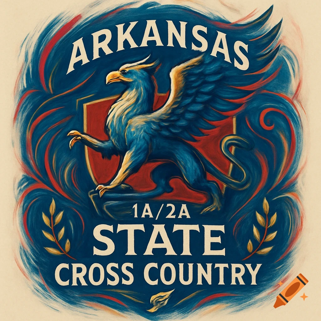 A stylized logo featuring a blue and gold griffin on a red shield, surrounded by blue and red brushstrokes. Text reads "Arkansas 1A/2A State Cross Country".