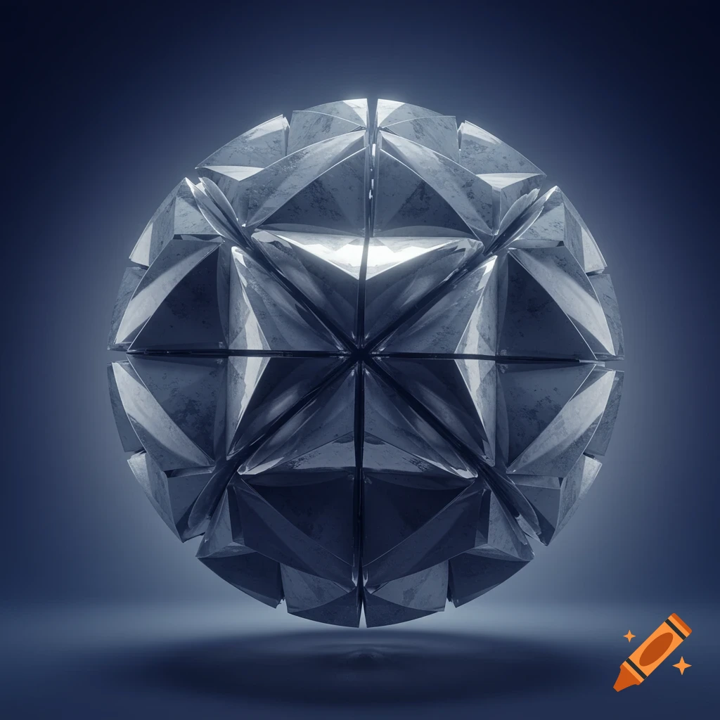 A metallic sphere composed of numerous triangular, faceted pieces, glowing on a dark blue background.