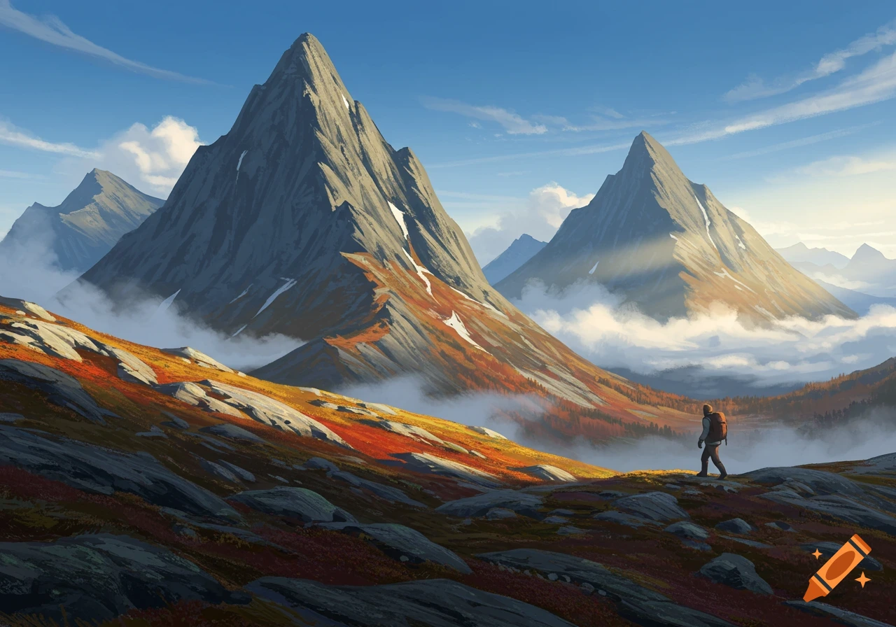 A hiker with a backpack walks on a rocky, autumn-colored mountain path under a blue sky, surrounded by towering peaks and clouds.