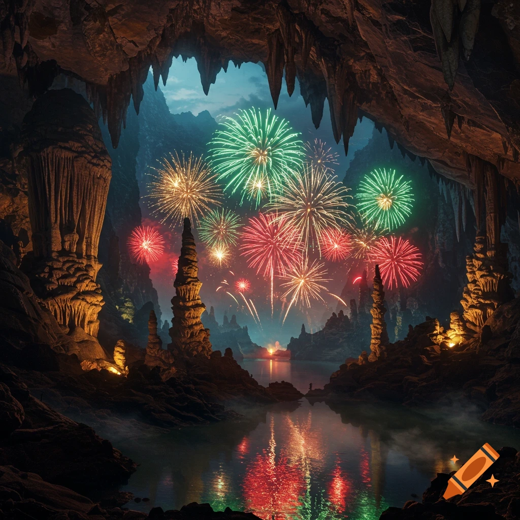 Colorful fireworks explode inside a large, majestic cave with towering stalagmites and stalactites, reflected in a still body of water.