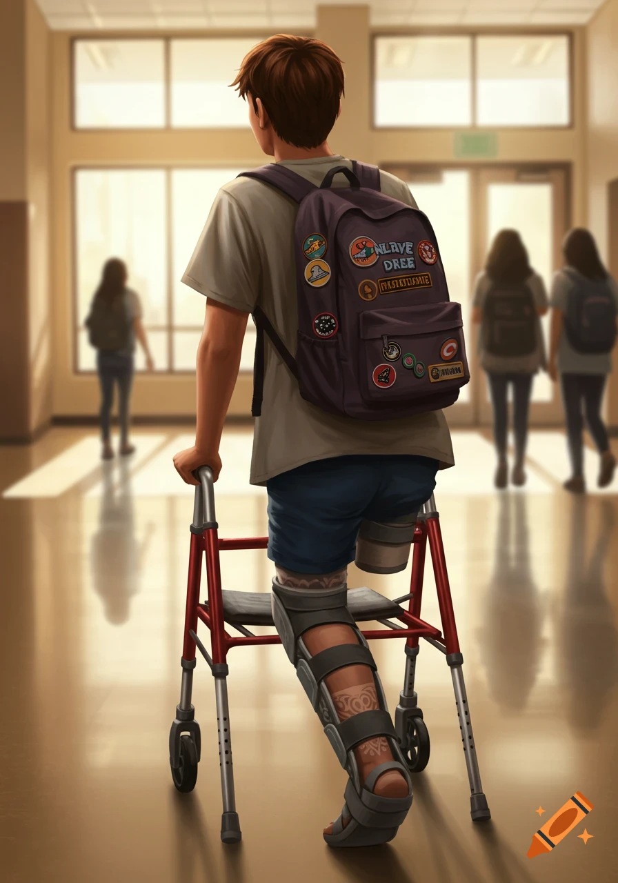 A high school student with a brown backpack and an amputated leg, using a red walker and wearing a gray brace, walks down a sunlit school hallway from behind.
