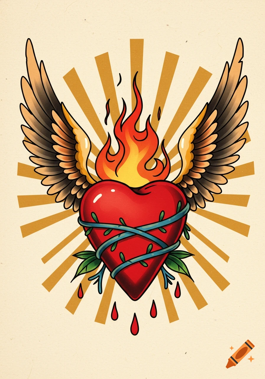 A traditional American tattoo style illustration of a winged, flaming red heart wrapped in green vines, with blood drops, on a tan background with radiating gold stripes.