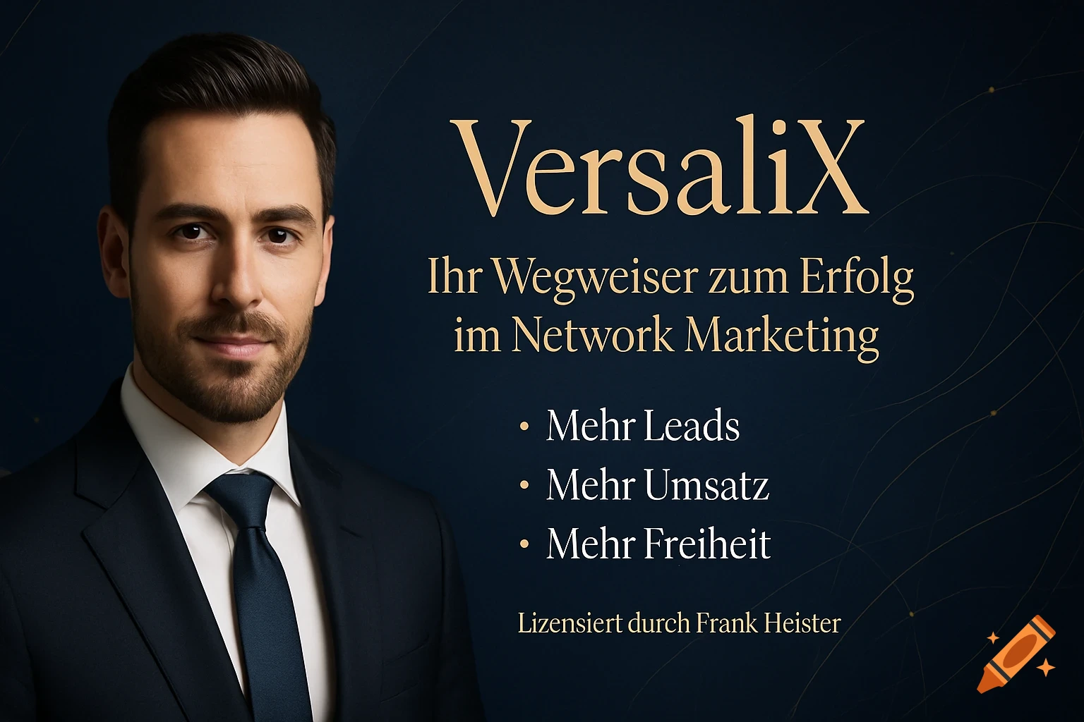 Professional portrait of a man in a suit on a dark blue background with gold text about VersaliX network marketing.