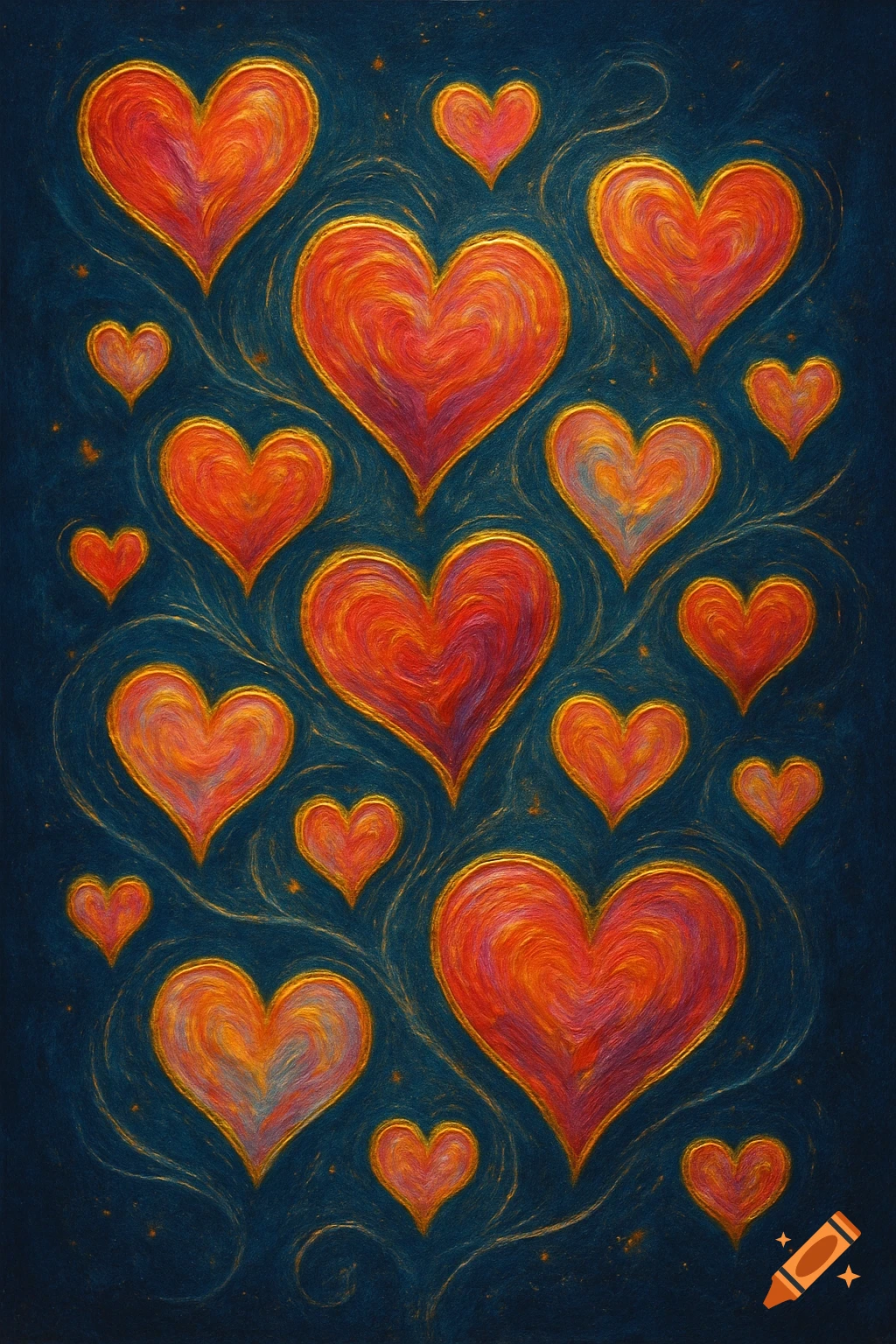 A textured painting with numerous red and orange hearts outlined in gold, against a dark blue background with swirling golden lines and speckles.