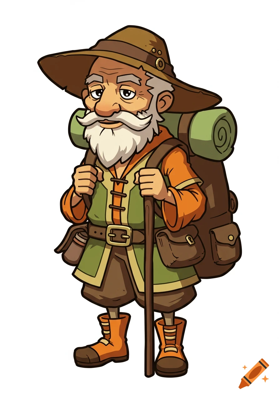 A 2D digital illustration of an old male wanderer with a white beard, wearing a hat, a green tunic, and orange boots, carrying a large backpack and a wooden staff, in a cartoon RPG art style.