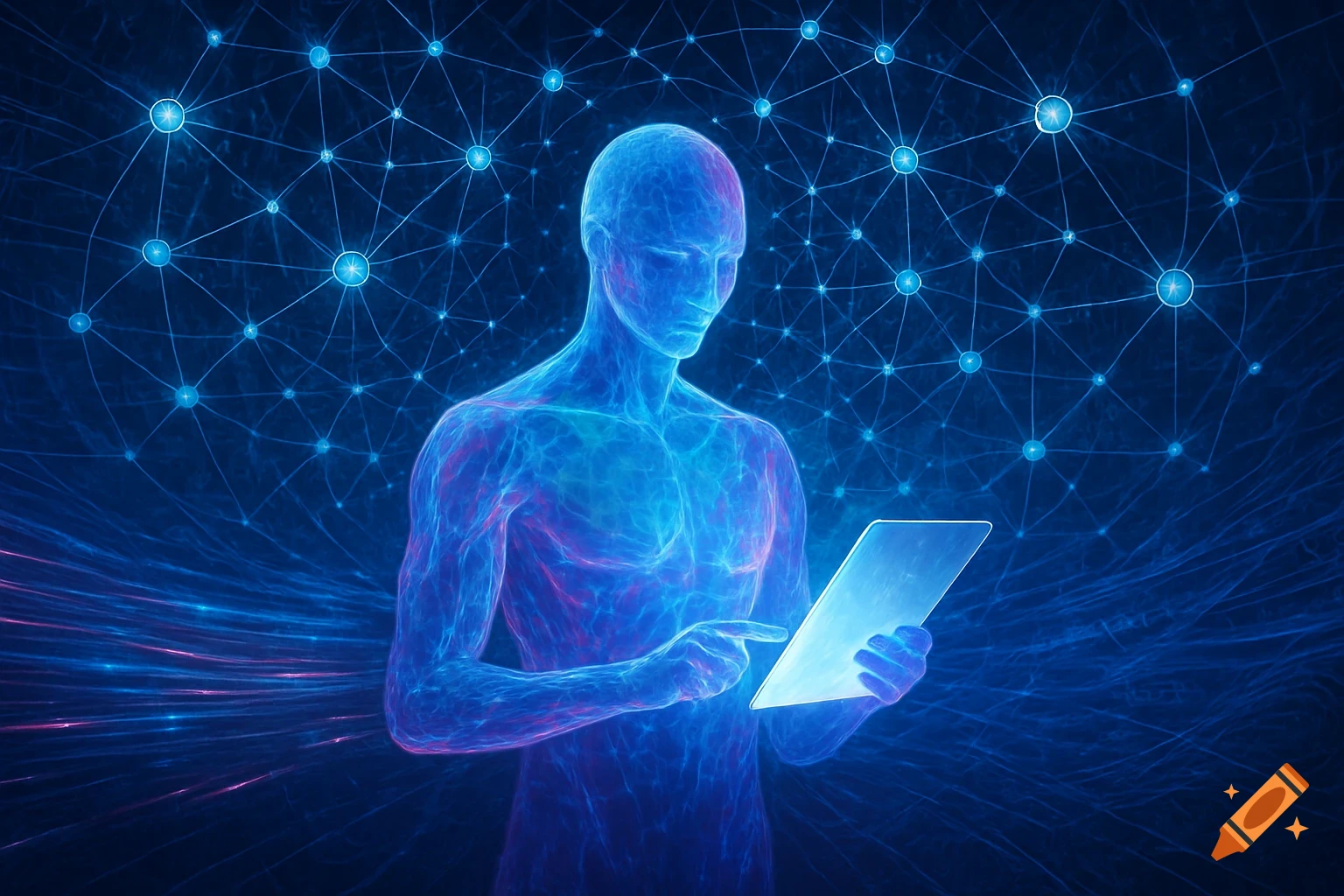 A glowing blue translucent human-like figure interacts with a tablet against a backdrop of an interconnected digital network.