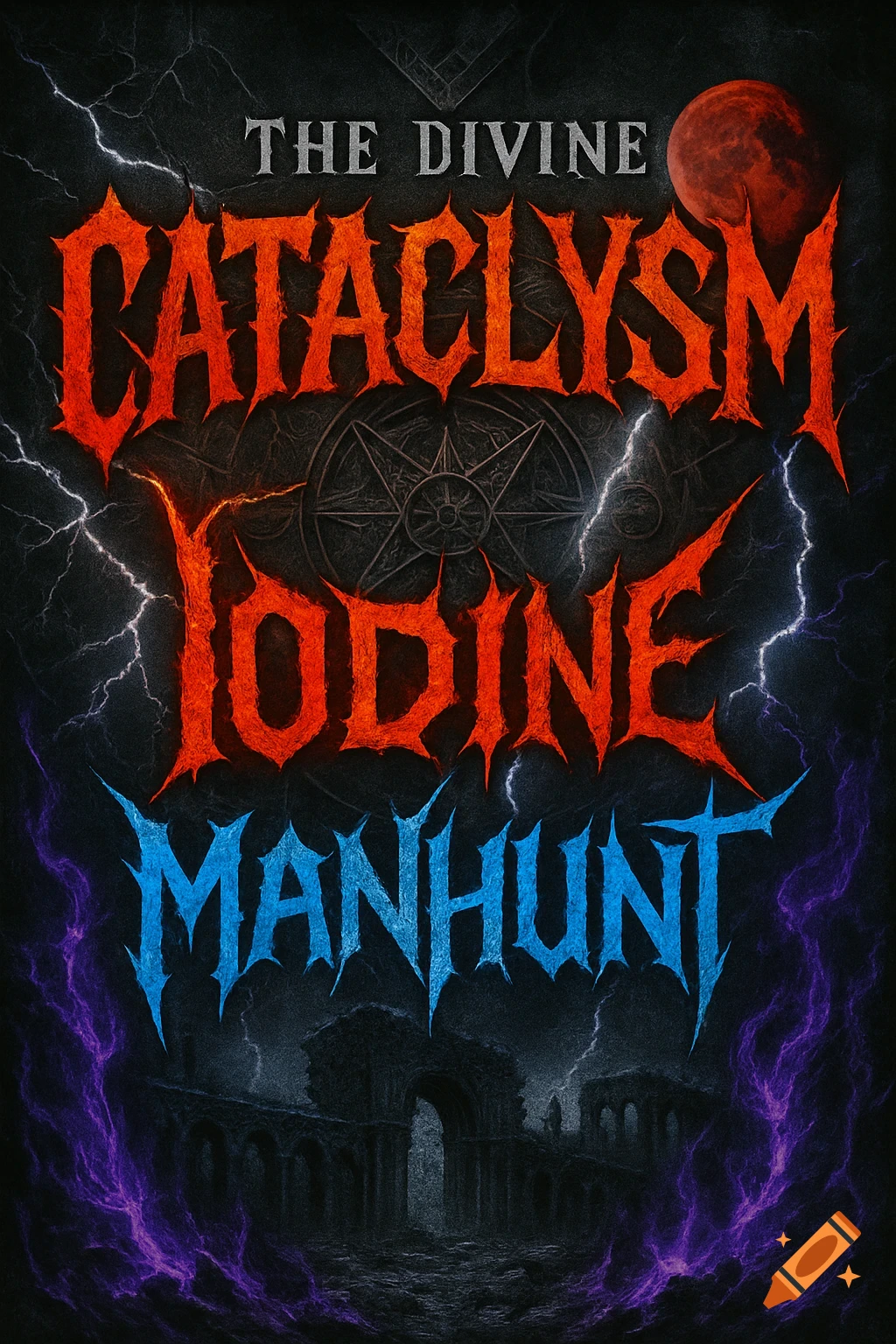 A dark heavy metal concert poster for 'The Divine Cataclysm' with 'Iodine' and 'Manhunt', featuring a bloody moon, lightning, and gothic ruins.