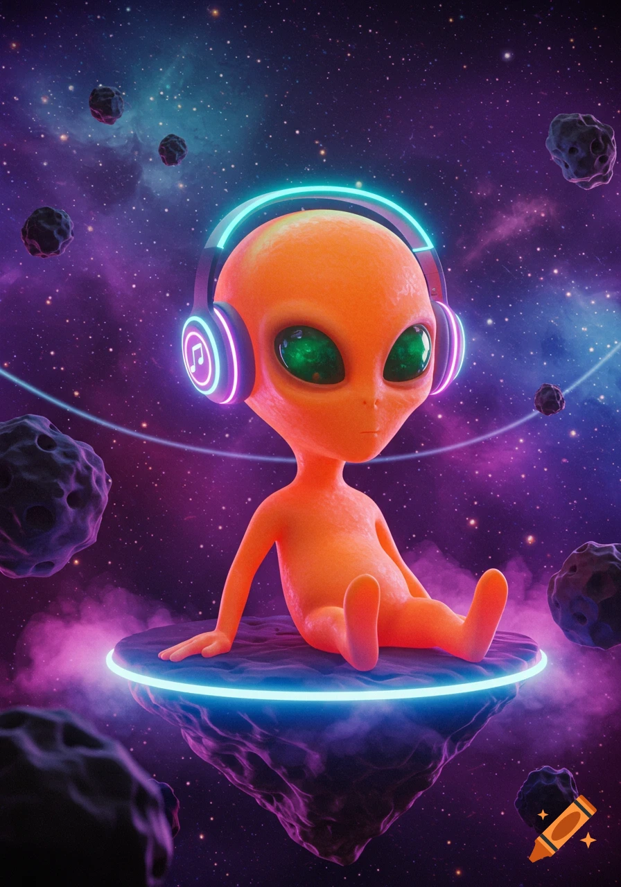 A cute orange alien with large green eyes sits on a floating rock in space, wearing glowing blue and pink headphones with a music note symbol.