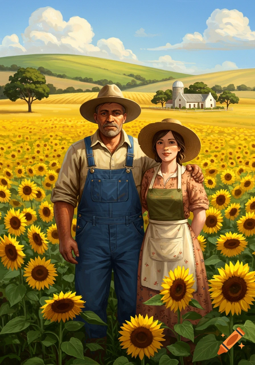 A farmer and a farmer's wife stand in a vibrant sunflower field with a farm and rolling hills in the background, in an illustrative style.