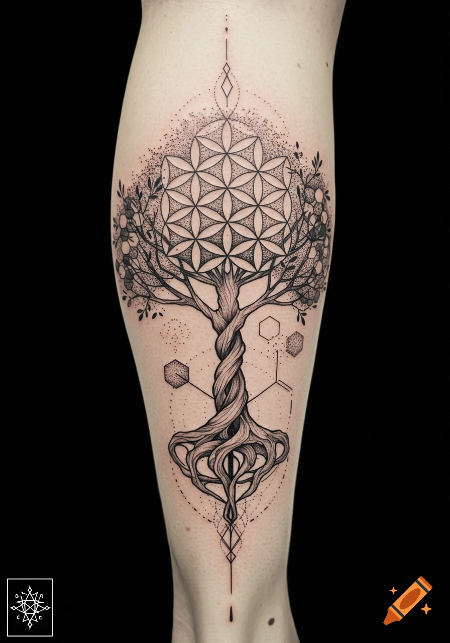 Detailed black and white sacred geometry tree of life tattoo on a person's leg against a dark background.