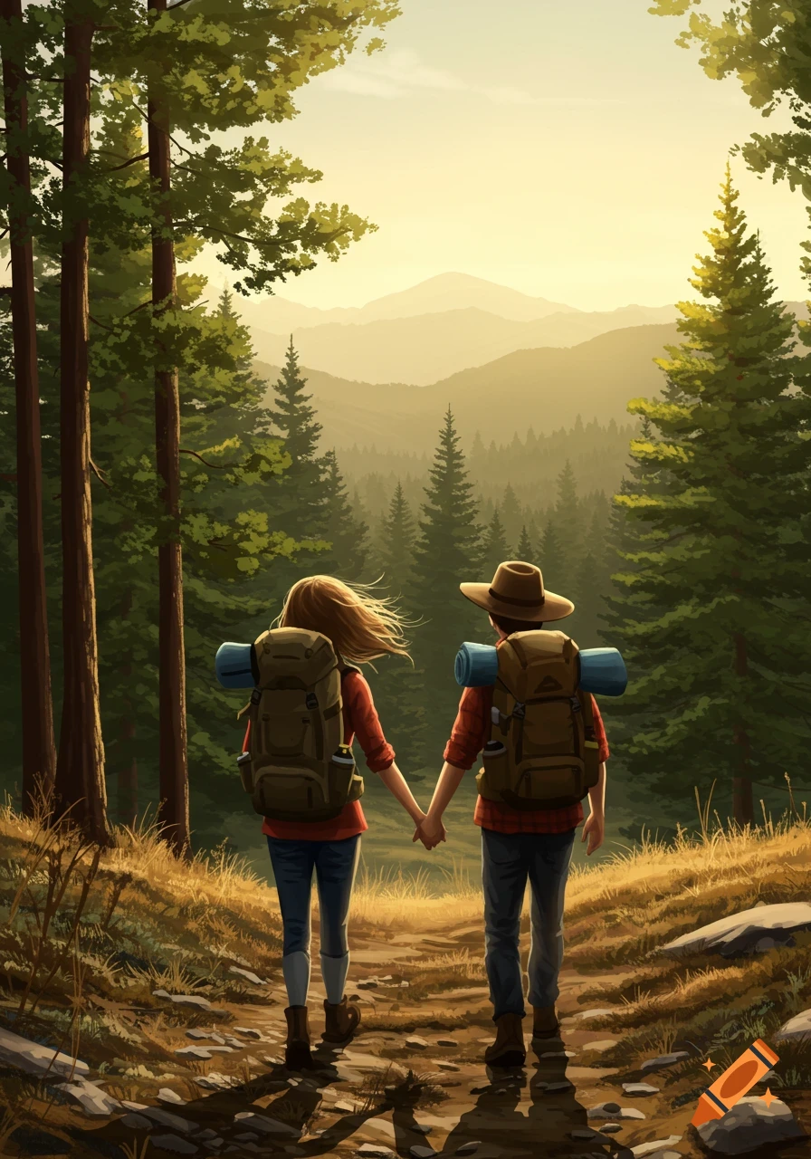 Two hikers, a man and a woman, walk hand-in-hand on a forest trail towards a sunset over mountains in an illustrated style.