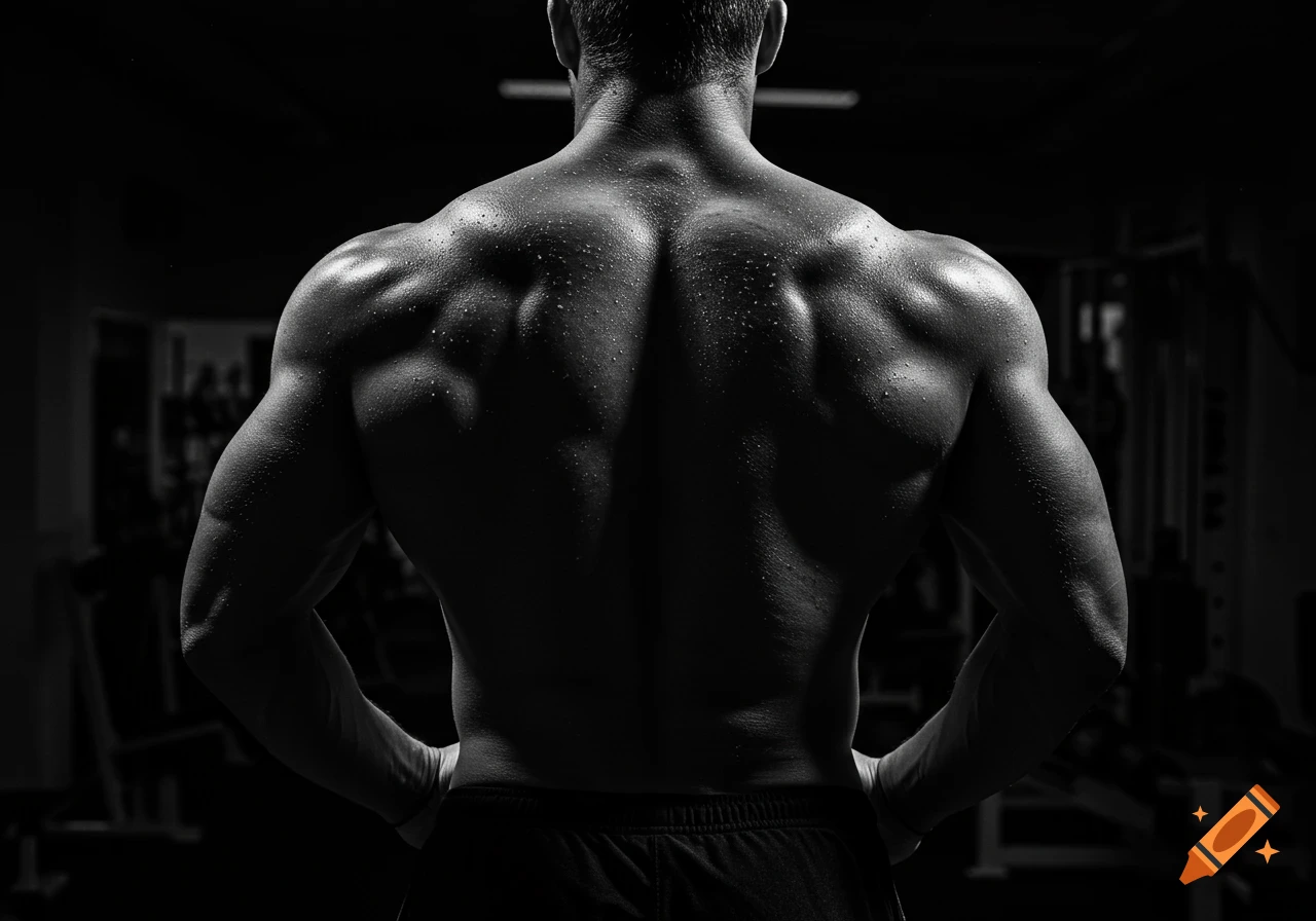A black and white photo of a muscular man's sweaty back and shoulders, facing away in a dark gym.