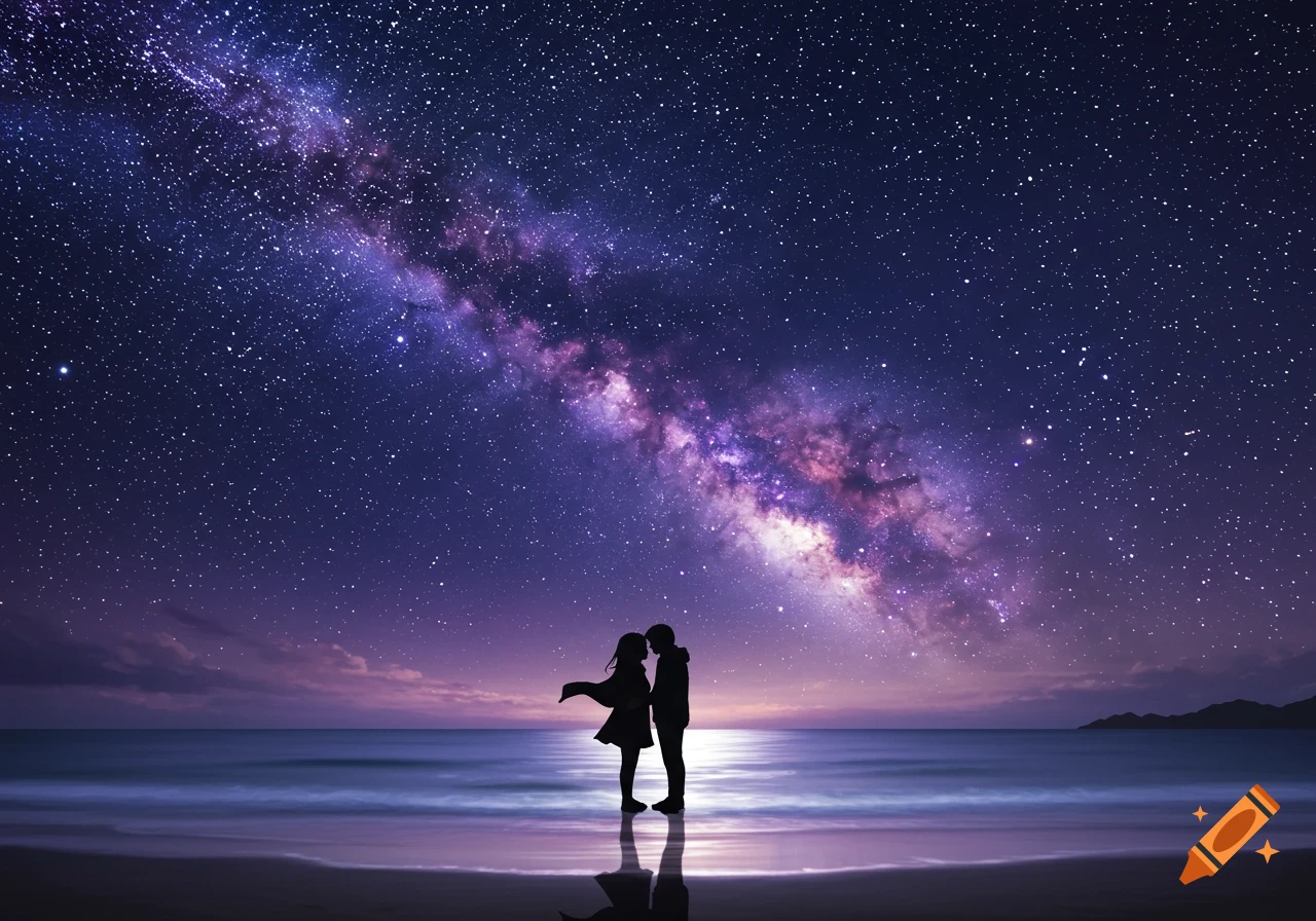 Silhouettes of a couple kissing on a beach under a vibrant, star-filled Milky Way galaxy at night, digital art.