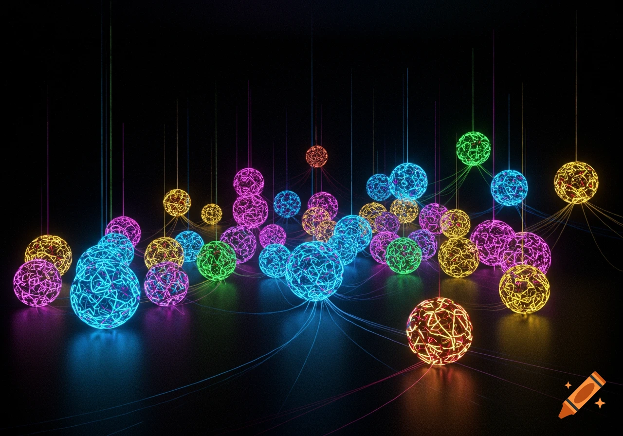 Neon glowing spheres with intricate patterns and light trails on a dark background.