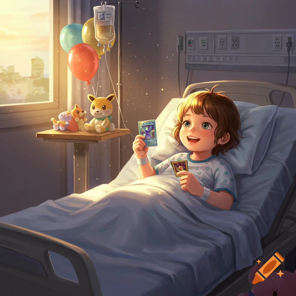 A smiling child with brown hair in a hospital bed holds trading cards, with balloons and stuffed animals nearby, in an illustration style.