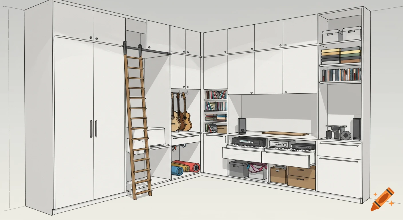 A detailed line drawing of a modern white built-in cabinet system with a rolling ladder, housing musical instruments, books, and storage.