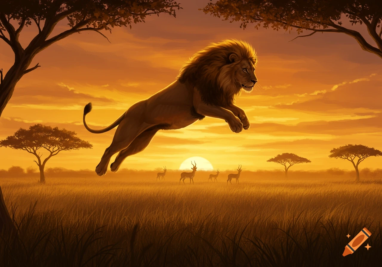 A majestic lion leaps through the air against a vibrant orange sunset over an African savanna with trees and antelopes.