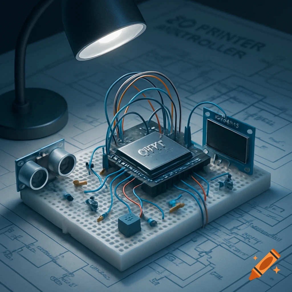 A breadboard with an ESP32-like chip, wires, sensors, and an LCD screen under a desk lamp, on a blueprint.