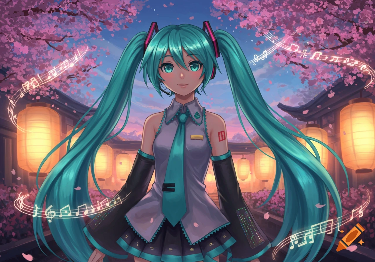 Hatsune Miku with teal pigtails smiles, surrounded by pink cherry blossoms, glowing lanterns, and musical notes in an anime art style.