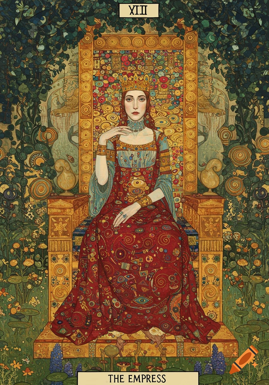 An ornate tarot card in Klimt's Art Nouveau style depicts The Empress, a woman in a red and gold gown, seated on an intricately decorated throne amidst lush foliage. The card is labeled 'XIII' at the top and 'THE EMPRESS' at the bottom.