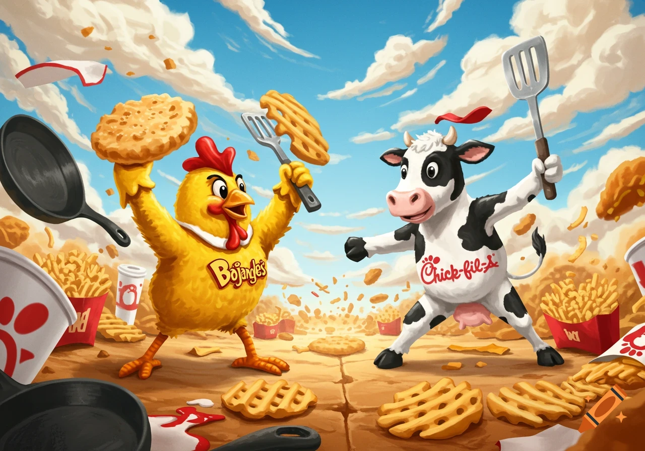 Cartoon mascots of Bojangles chicken and Chick-fil-A cow fighting amidst flying fries, biscuits, and cooking utensils under a bright sky.