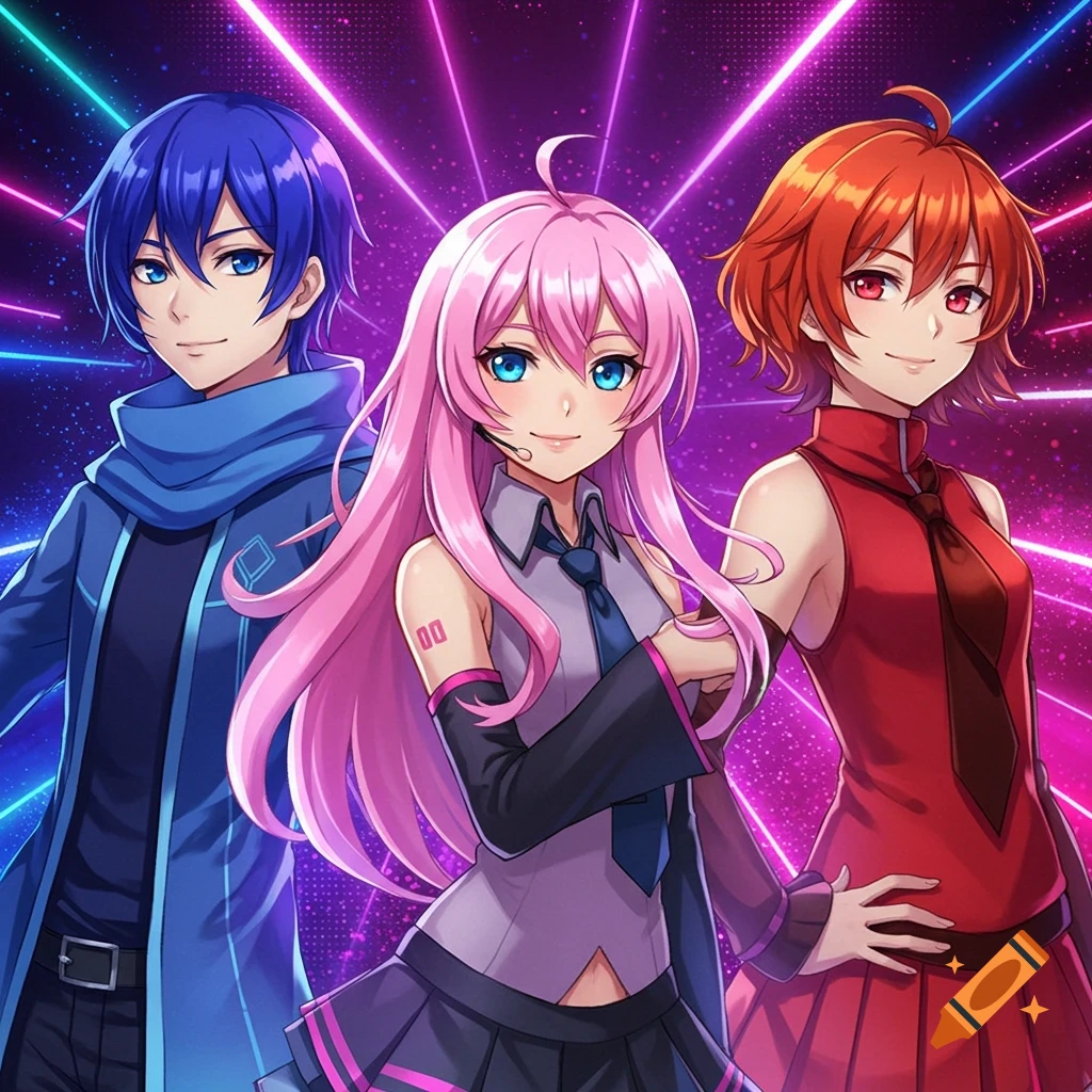 Anime style illustration of a blue-haired man, a pink-haired woman, and a red-haired woman standing against a vibrant neon background.