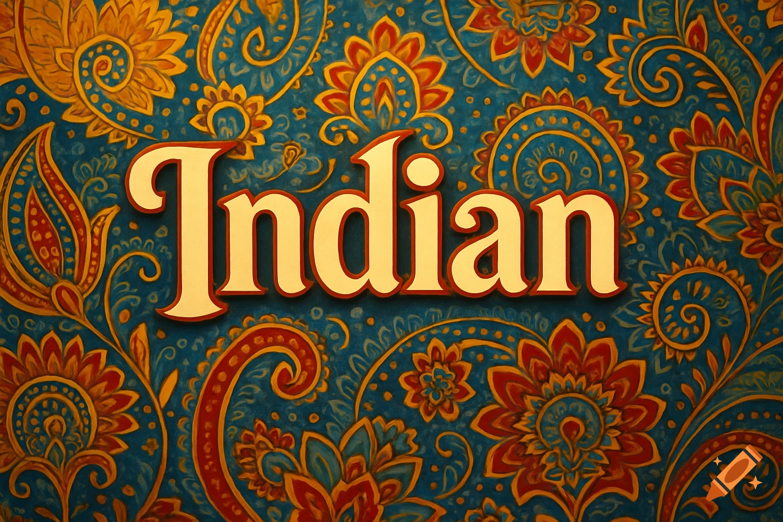 Bold cream text with red outline spelling "Indian" against a detailed teal, gold, and red paisley pattern background.