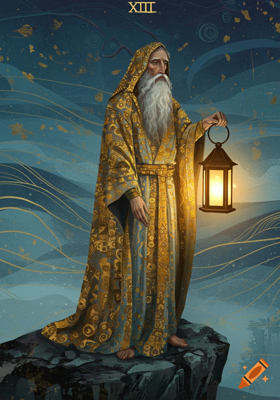 A wise old man with a long white beard, wearing a patterned gold and blue Klimt-style robe, holds a lantern on a rocky cliff. Roman numeral XIII appears at the top.