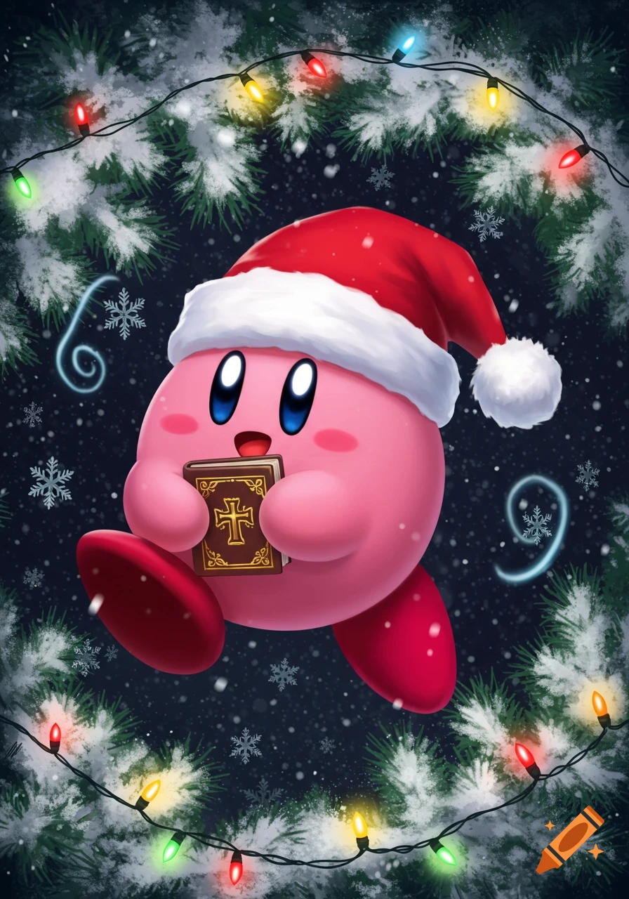 Kirby in a Santa hat holding a bible, surrounded by snow-covered pine branches and colorful Christmas lights.