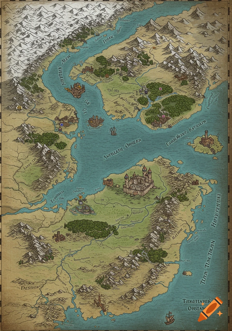 A detailed hand-drawn style fantasy map showcasing an internal sea with islands, surrounded by mountains, forests, rivers, and various towns and castles.