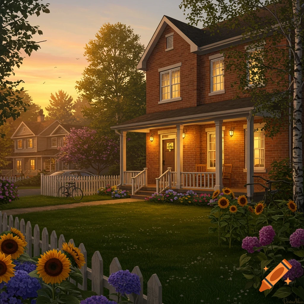 A charming, realistic brick house with a porch and garden, white picket fence, and sunflowers at sunset in a suburban neighborhood.
