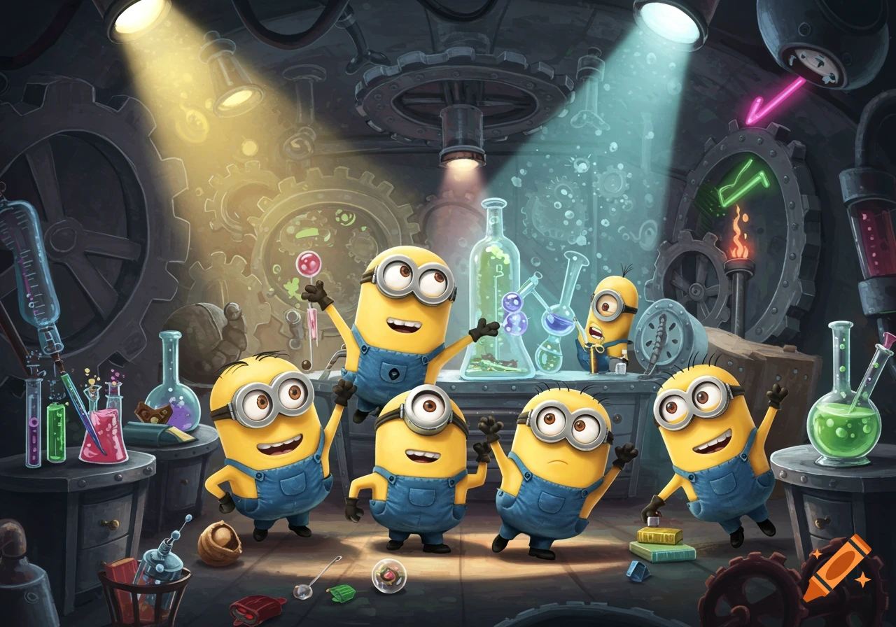 Six joyful Minions exploring a vibrant, steampunk-style laboratory filled with glowing beakers, gears, and scientific equipment.