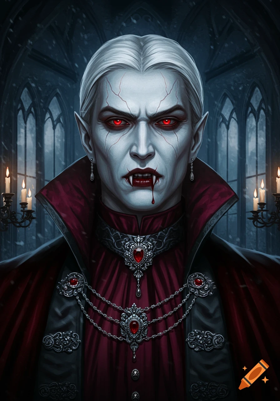 Close-up digital painting of an aristocratic vampire with pale skin, red eyes, fangs, and blood on their lip, wearing a dark red velvet coat and ornate silver jewelry, against a gothic castle background.