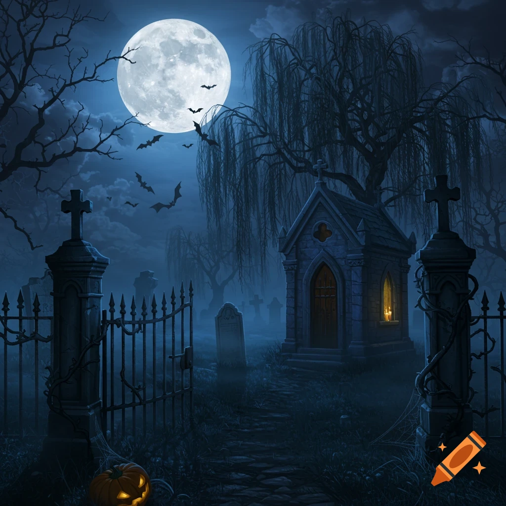 A gothic graveyard at night under a full moon with bats, an open gate, a mausoleum, and a carved pumpkin.