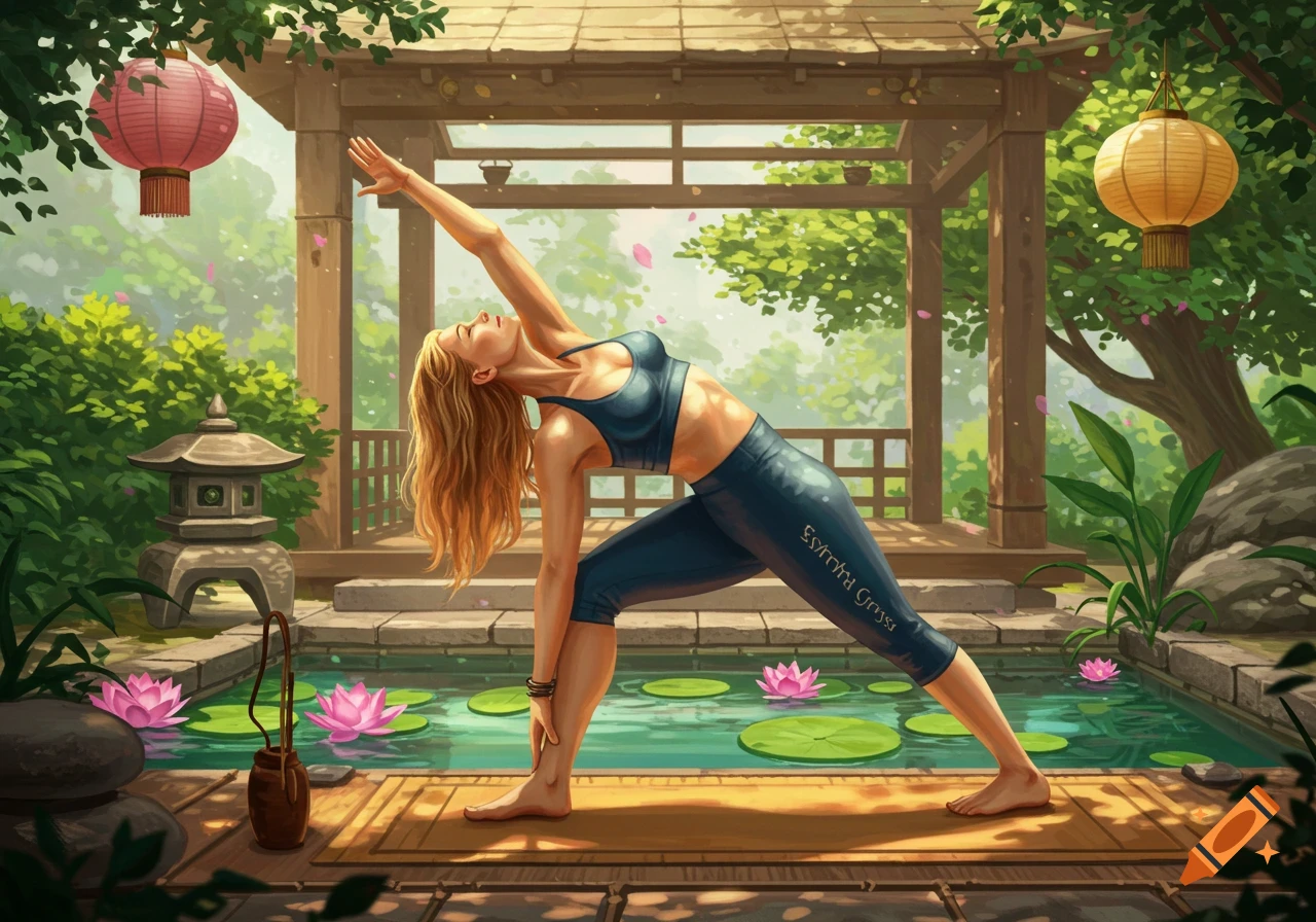 A woman performs a yoga pose in a tranquil, lush garden featuring lotus flowers, a pond, and Asian-style lanterns.
